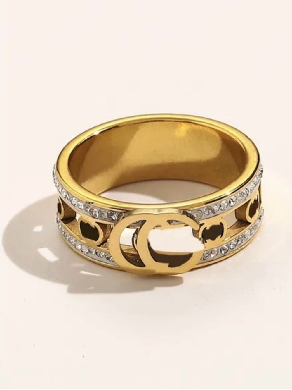 New ~ Designer Two Tone Monogram PAVE CRYSTAL RING ~ 18K Gold Plated ~ Size 8